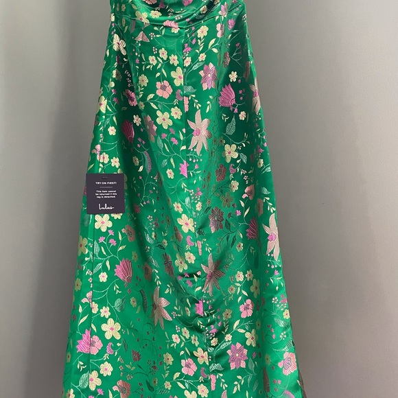 Lulus Green Satin Floral Strapless Midi Dress - Picture 3 of 5